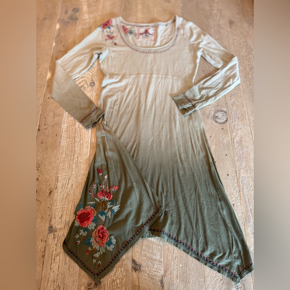 JW Johnny Was Green Ombre Floral Embroidered Long Sleeve Dress S/M